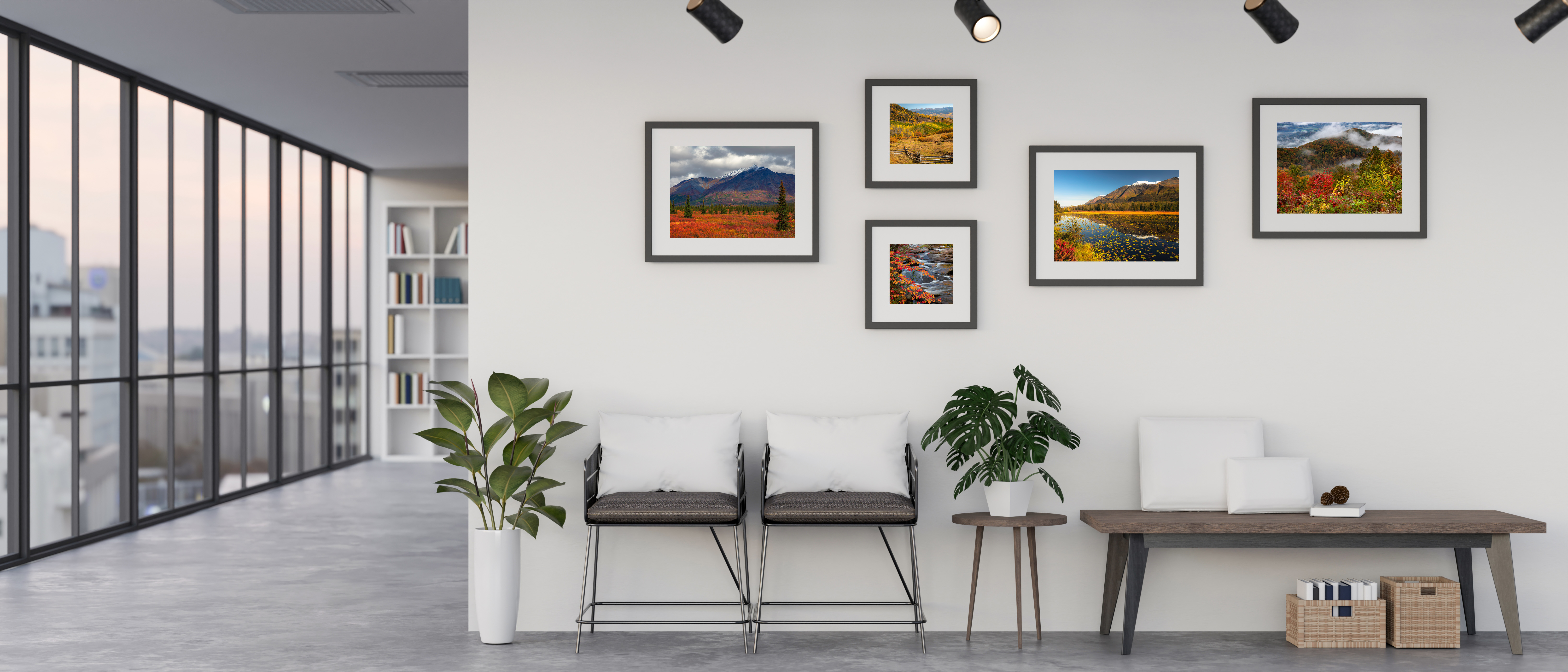 Office wall art — autumn landscape gallery wall in modern office by Dan Sproul
